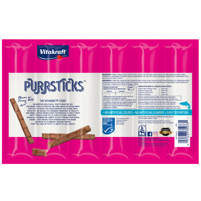 Back-Image showing PurrSticks™, Chicken Recipe with Salmon, 6 Pack